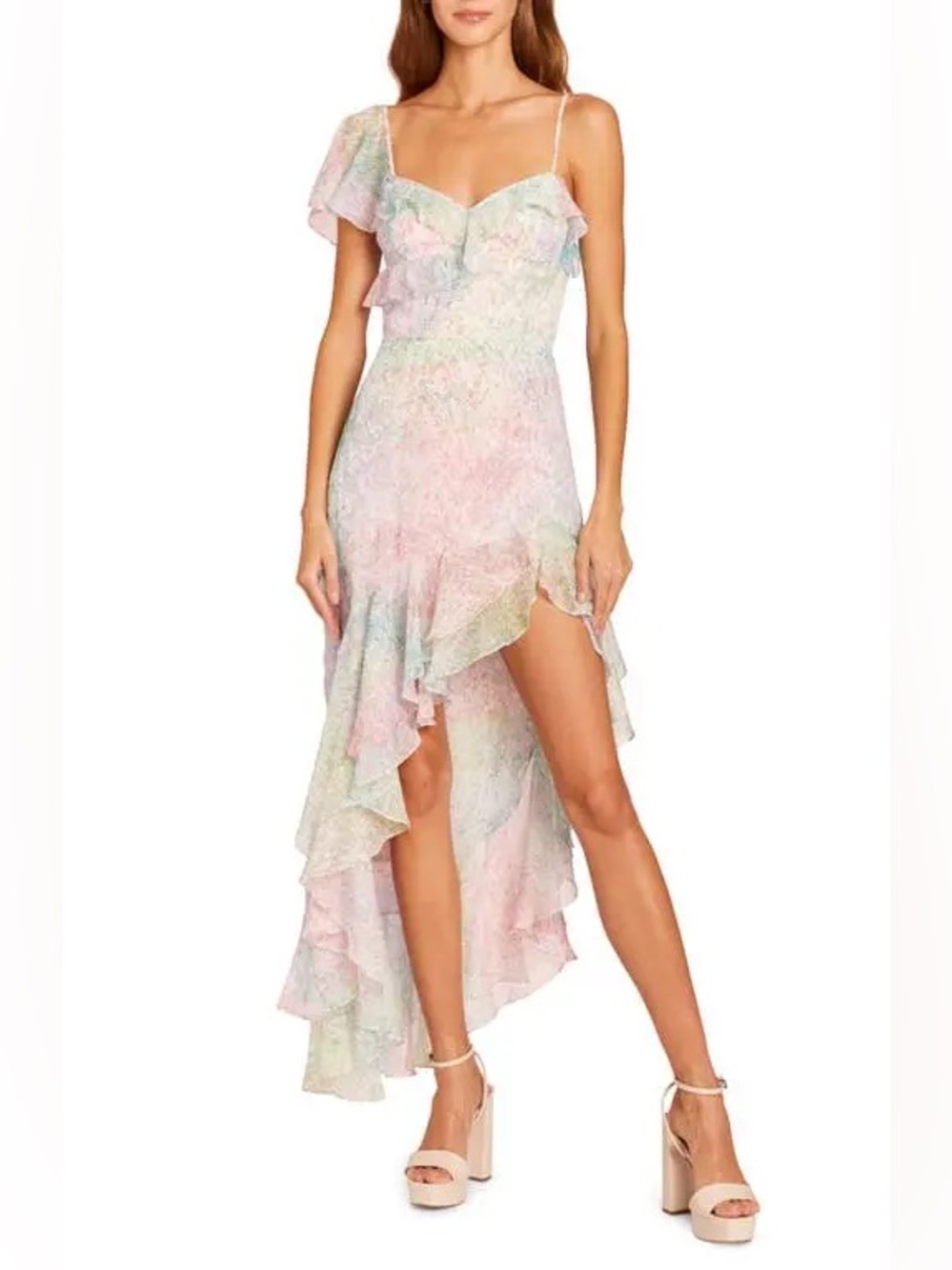 Amanda Uprichard Lively Floral Asymmetric Midi Dress Lilith Pastel Print Large